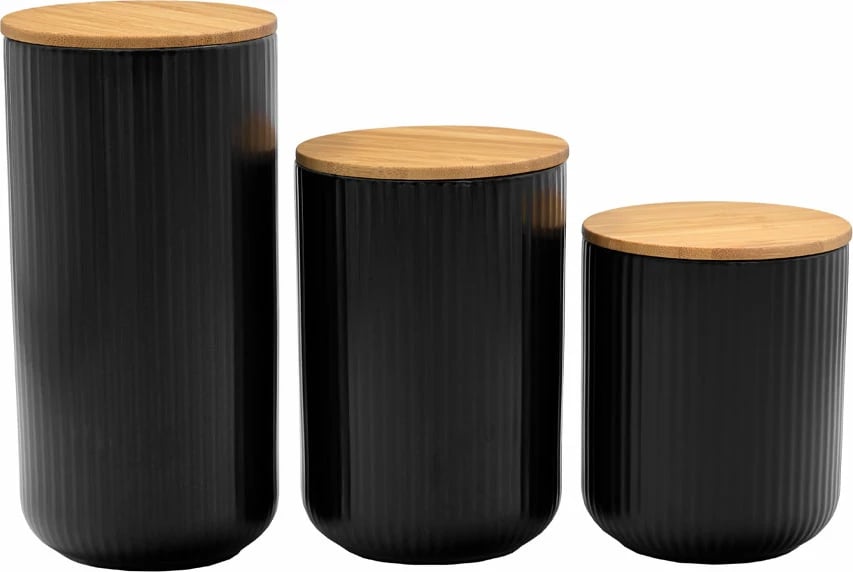 Enë për ruajtje me kapak, porcelan i zi, bambu natyral, 10x10x15 cm