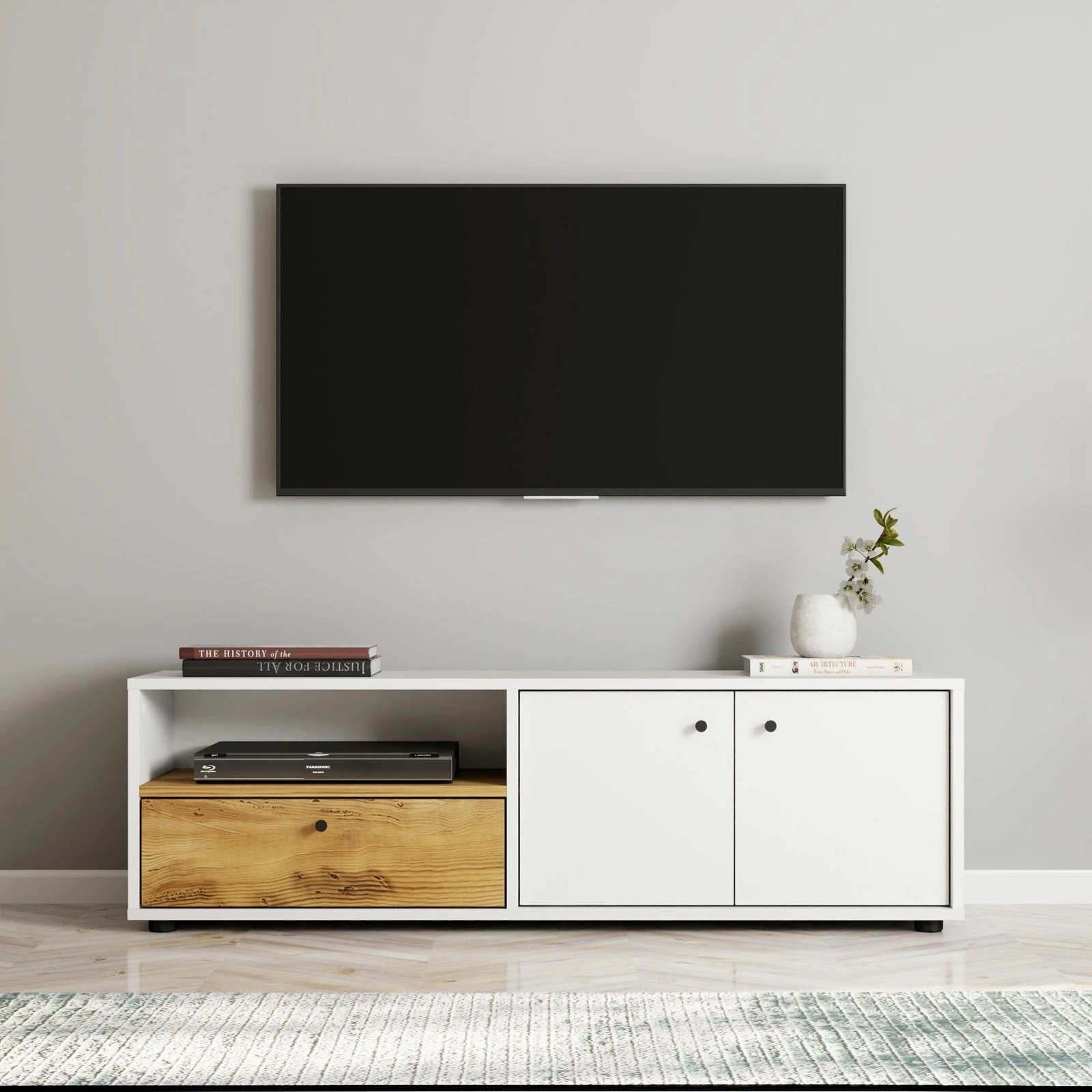 Komodë TV Skye Decor, e bardhë, lisi, Pao