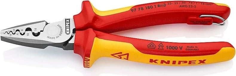 Vegël kombinimi për krimpim kabllosh Knipex 97 78 180 T, 180 mm, Çelik, Kuqe/Verde