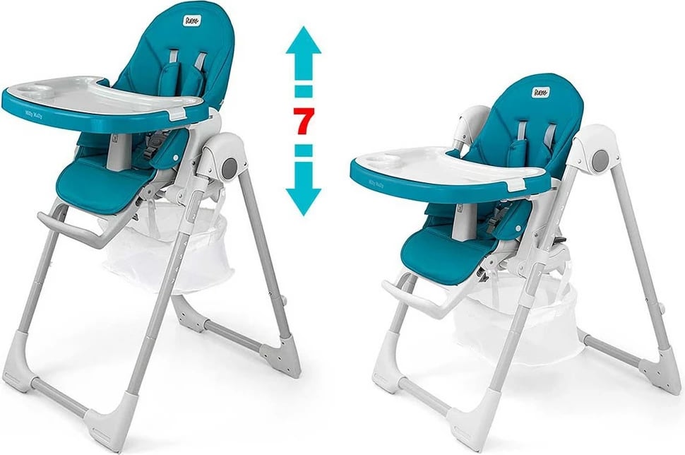 Karrige e lartë bebe, Milly Mally, Bueno, 6–36 muaj, rregullim lartësie 7 nivele, shpinore 5 pozicione, rripa 5‑pikësh, palosje kompakte, deri 15 kg, blu