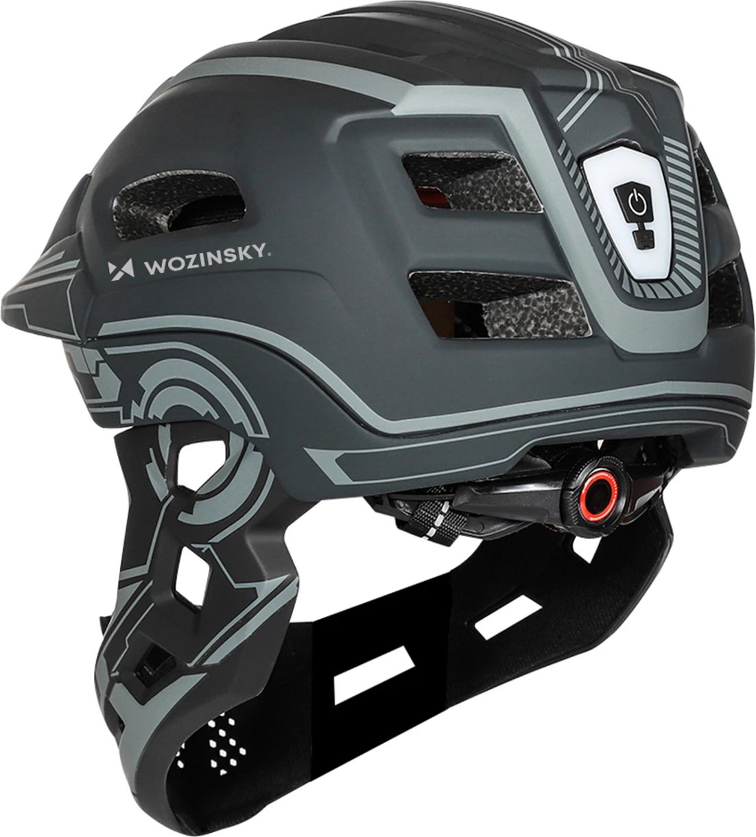 Kaskë biçiklete full-face për fëmijë, Wozinsky HT-27S, me dritë të pasme LED me USB, rregullim 360°, peshë 400 g, S 52-56 cm, gri