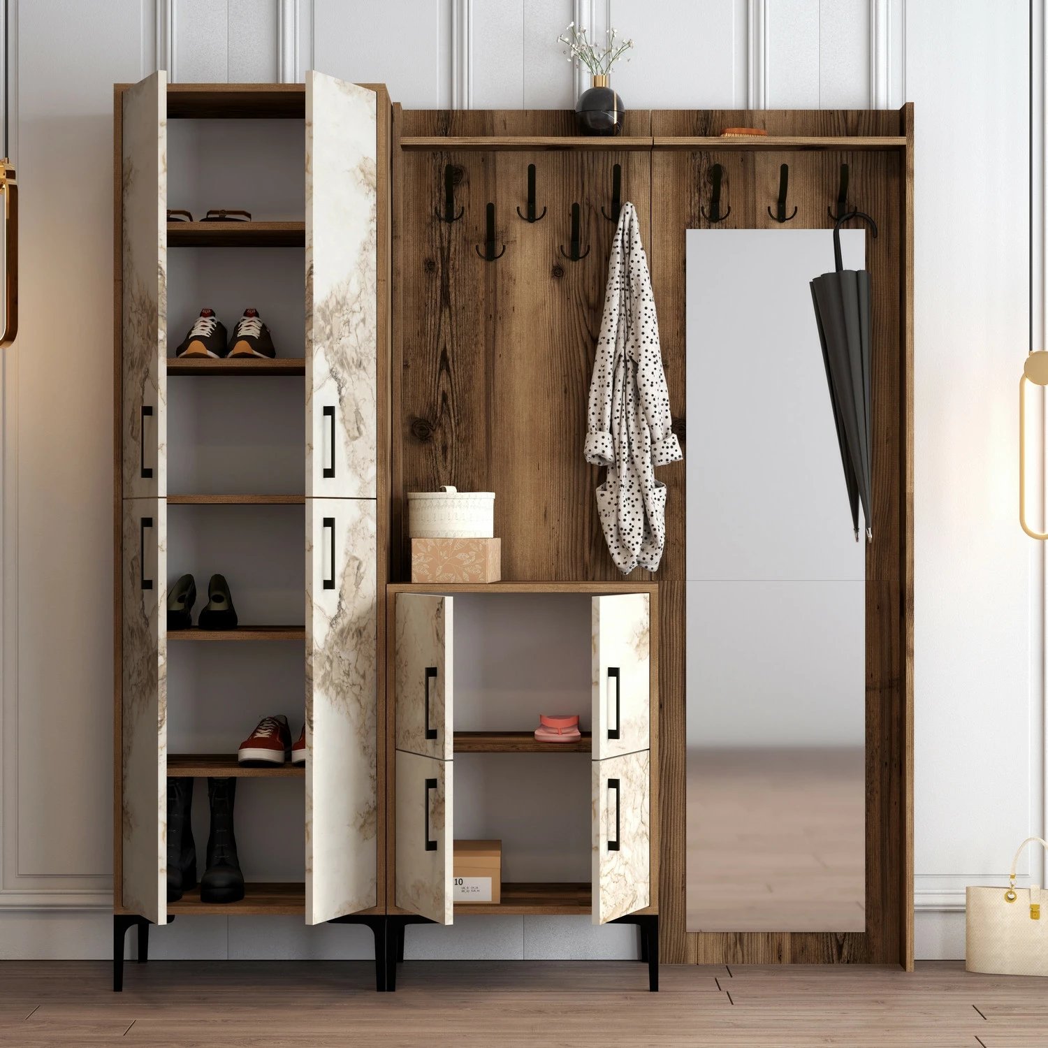 Stendë për korridor Berlin ABC, ngjyrë arre, mermer i bardhë