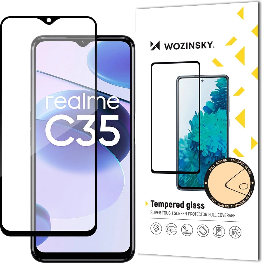 Xham i temperuar Wozinsky Full Glue për Realme C35, Kornizë e zezë