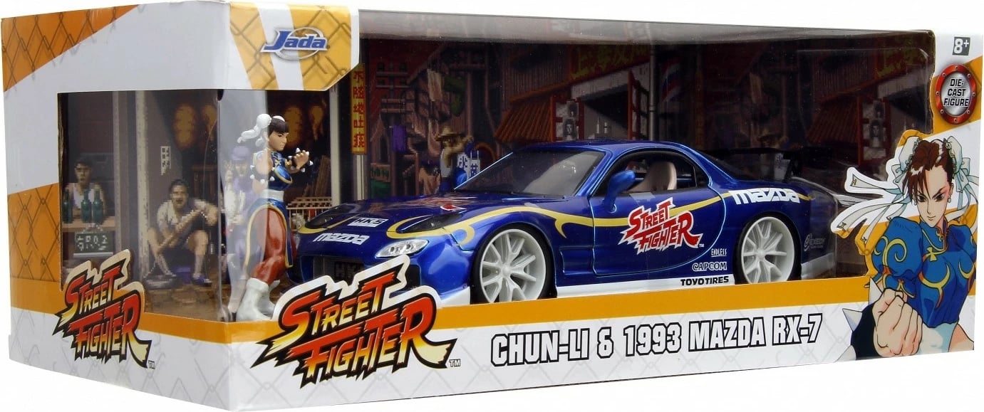 Model makine JADA TOYS Street Fighter 1993 Mazda RX7 1:24 me figurë Chun-Li, Blu, set