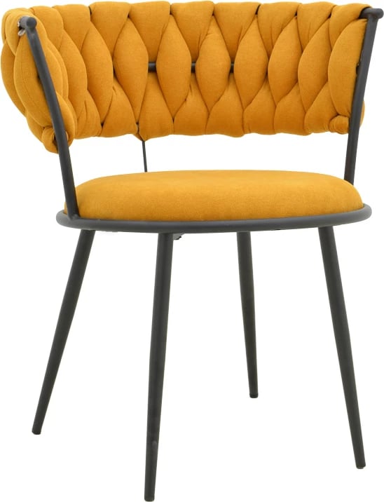 Karrige të ulëta Alkia I, set prej 2 copë, stof i verdhë, këmbë metalike të zeza, 57x58.5x72cm