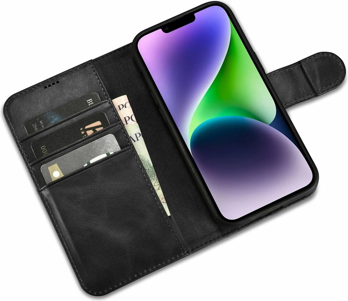 Mbështjellës iCarer Oil Wax Wallet 2in1 për iPhone 14 Plus, lëkurë natyrale, Anti-RFID, i zi