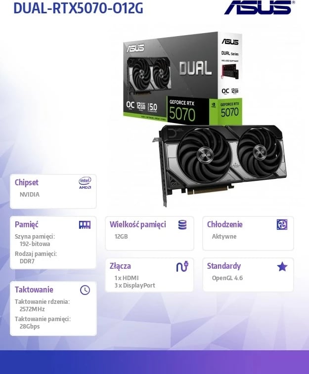 Kartelë grafike Asus GeForce RTX 5070 DUAL, 12GB GDDR7, 192-bit, PCI-E 5.0, Dy ventilatorë, E zezë