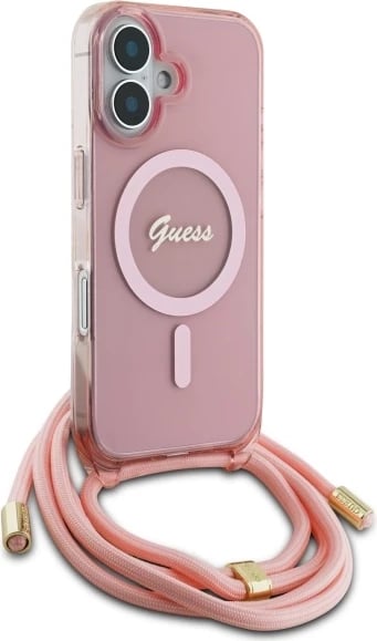 Mbështjellës Guess Crossbody Cord Script MagSafe për iPhone 16, Rozë