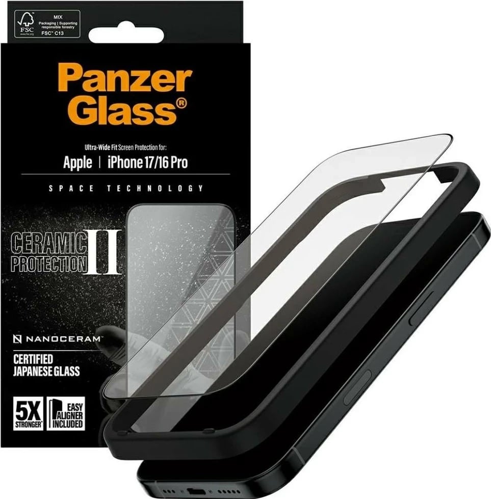 Mbështjellës xhami PanzerGlass Ceramic II Ultra-Wide Fit për iPhone 16 Pro/17, transparent