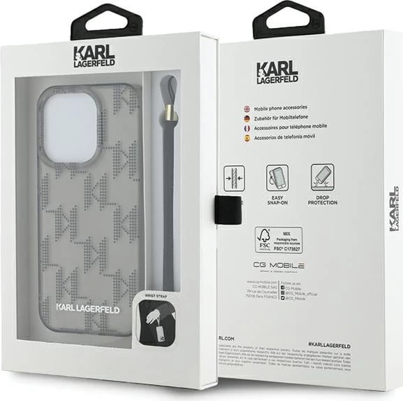 Mbështjellës Karl Lagerfeld IML Mono KL Pattern & Cord për iPhone 15 Pro, i zi