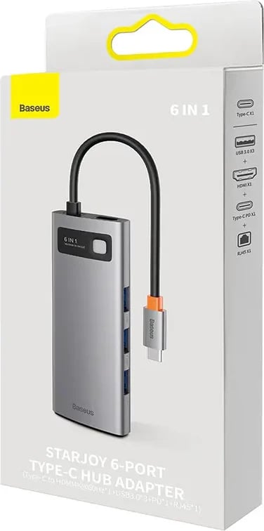Hub Baseus StarJoy Series WKWG080013, 6-në-1, USB-C në 3x USB 3.0, HDMI, USB-C PD, RJ45, Gri