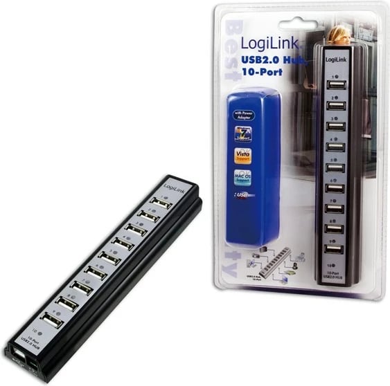 Hub USB LogiLink UA0096, 10 porta, aktiv, USB 2.0, i zi/gri