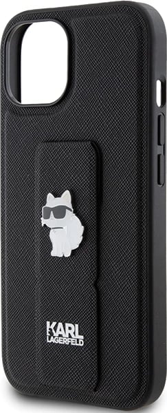 Mbështjellës Karl Lagerfeld Gripstand Saffiano Choupette Pins për iPhone 15, i zi