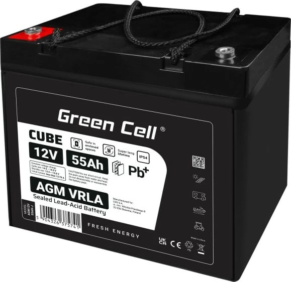 Bateri AGM VRLA, Green Cell, AGM12V55AH-J, 12V 55Ah, IP54, e zezë
