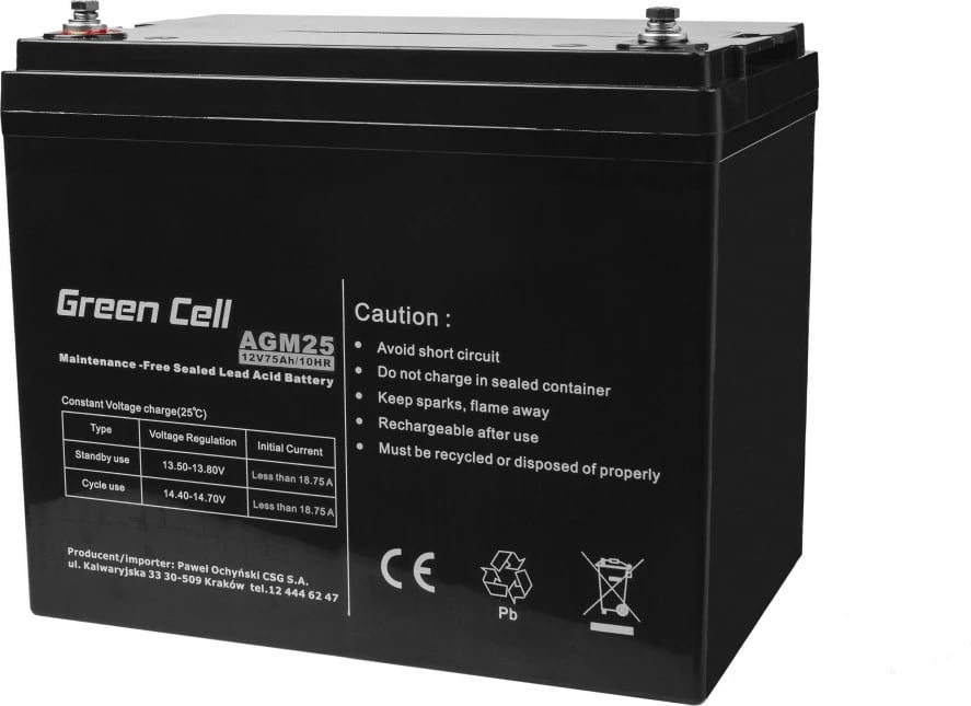 Bateri AGM, Green Cell, AGM25, 12V 75Ah, e zezë