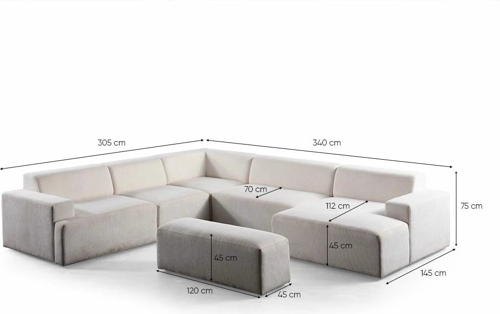 Kënd-sofë Melva, e bardhë, Atelier del Sofa (L1,5 + O1 + C + O2 + Chl Djathtas + Stol)