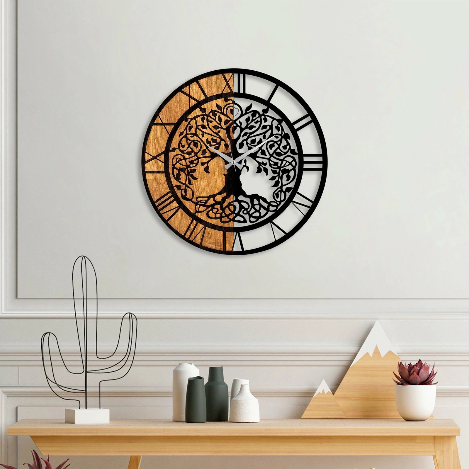 Orë muri dekorative prej druri, Wallity, ngjyrë arre dhe e zezë, 56cm