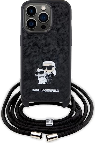 Mbështjellës Karl Lagerfeld Crossbody Saffiano Metal Pin Karl & Choupette për iPhone 15 Pro, e zezë