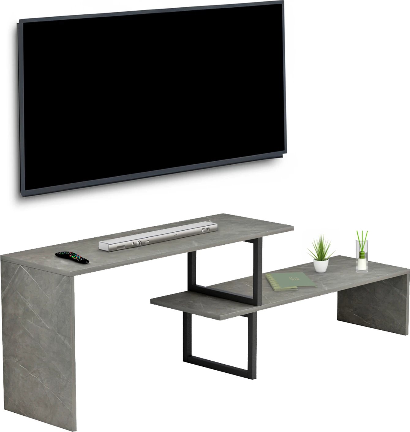 Mobilje TV e zgjerueshme BRIGGITE FH8892.11 melaminë me teksturë guri gri - këmbë metalike të zeza 110-160x30x45Hcm