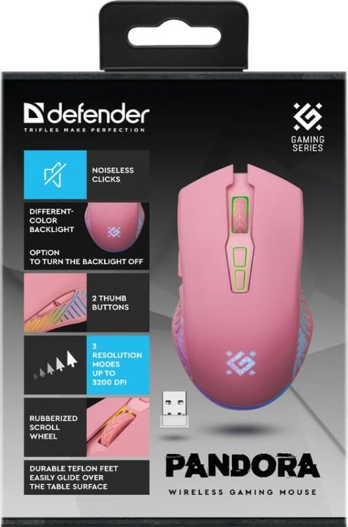 Maus wireless Defender PANDORA RF, 3200DPI, 7 butona, RGB, Rozë