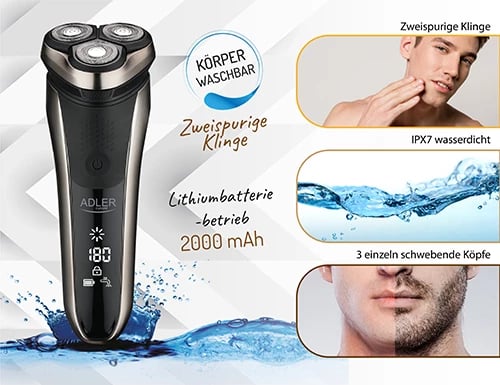 Makinë rroje elektrike, Adler AD 2933, 3 koka lëvizëse, IPX7, deri 180 min, USB-C, ekran LCD