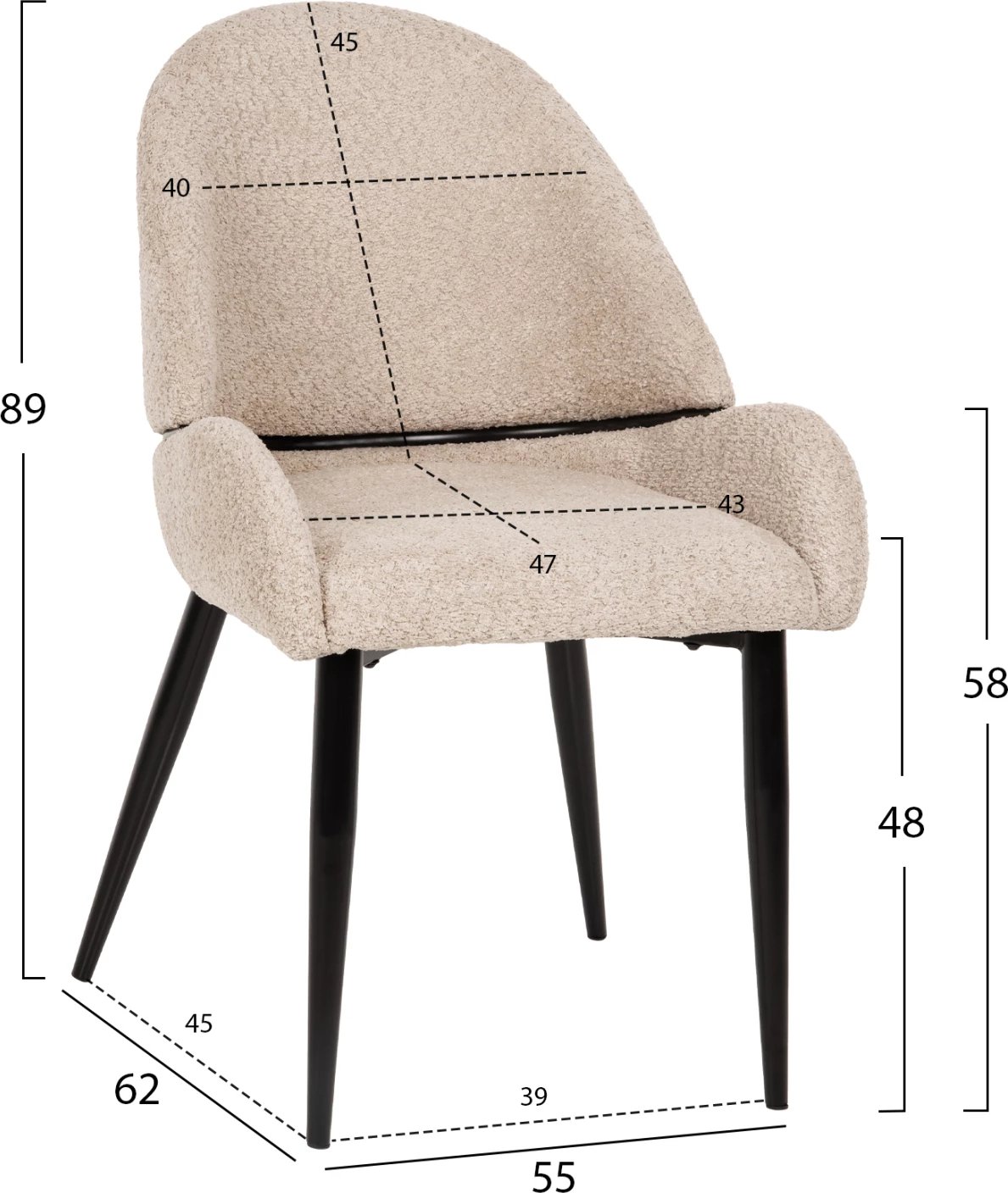 Karrige SARKY FH8585.02, pëlhurë boucle ecru, këmbë metali të zeza, 55x62x89H cm., set prej 2 copë