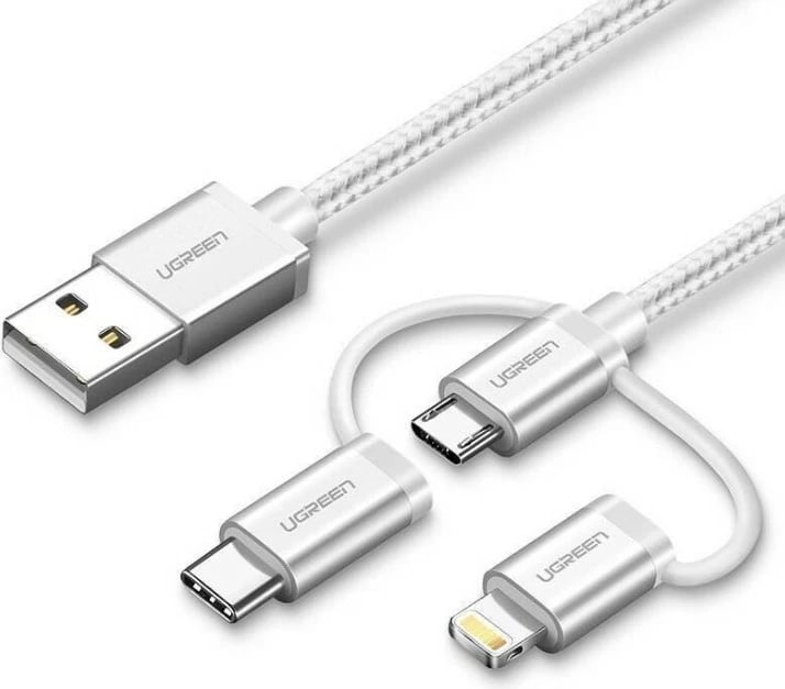 Kabllo USB Ugreen 50203, 1.5m, USB A në USB C/micro-USB B/Lightning, e bardhë