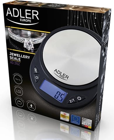 Peshore precize, Adler AD 3162, saktësi 0.1 g, kapacitet 750 g, ekran LCD me ndriçim blu, e zezë/argjendtë