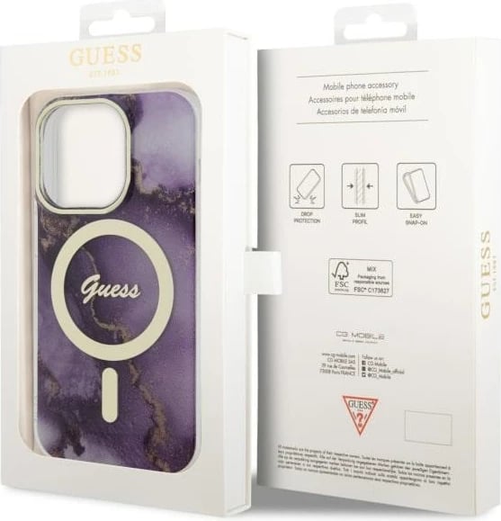 Mbështjellës Guess Golden Marble MagSafe për iPhone 14 Pro 6.1", vjollcë Mbështjellës Guess Golden Marble MagSafe për iPhone 14 Pro 6.1", vjollcë