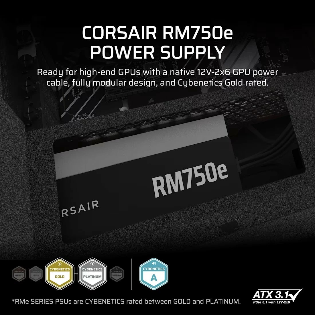 Kasë energjie Corsair RM750e, 750 W, plotësisht modulare, 80 PLUS Gold, ATX 3.1, e zezë