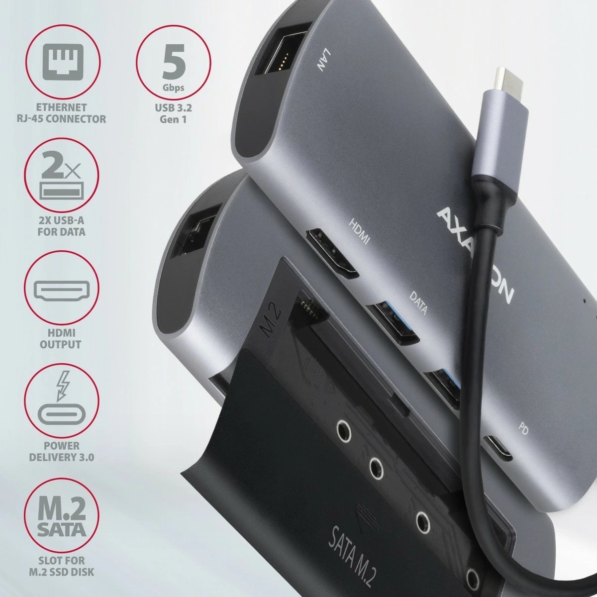 Kasë AXAGON HMC-6M2, multiport USB-C 3.2 Gen 1 hub, slot M.2 SATA, HDMI, GLAN, 2x USB-A, PD 100W, Gri