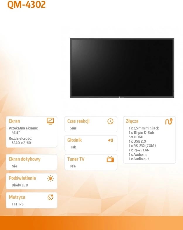 Monitor i madh formati AG NEOVO QM-4302, 43", 4K UHD, IPS, i zi