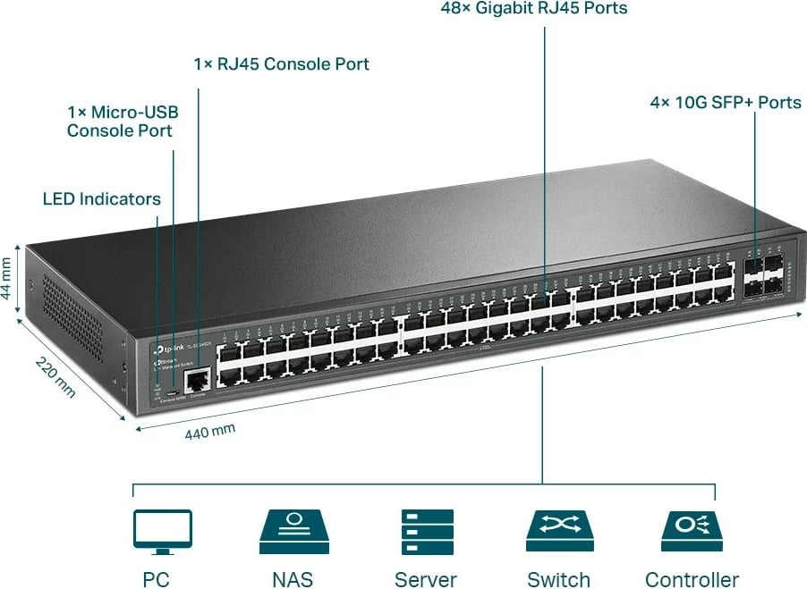 Switch i menaxhuar TP-LINK SG3452X, 48 porta Gigabit, 4 slote SFP+ 10GE, për rack, i zi