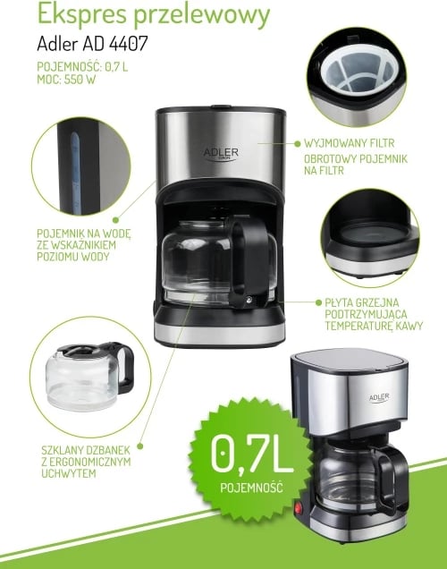 Aparat kafeje me pikim, Adler AD 4407, 0.7 L, 550 W, filtër i përhershëm, pllaka ngrohëse, zi/argjendtë