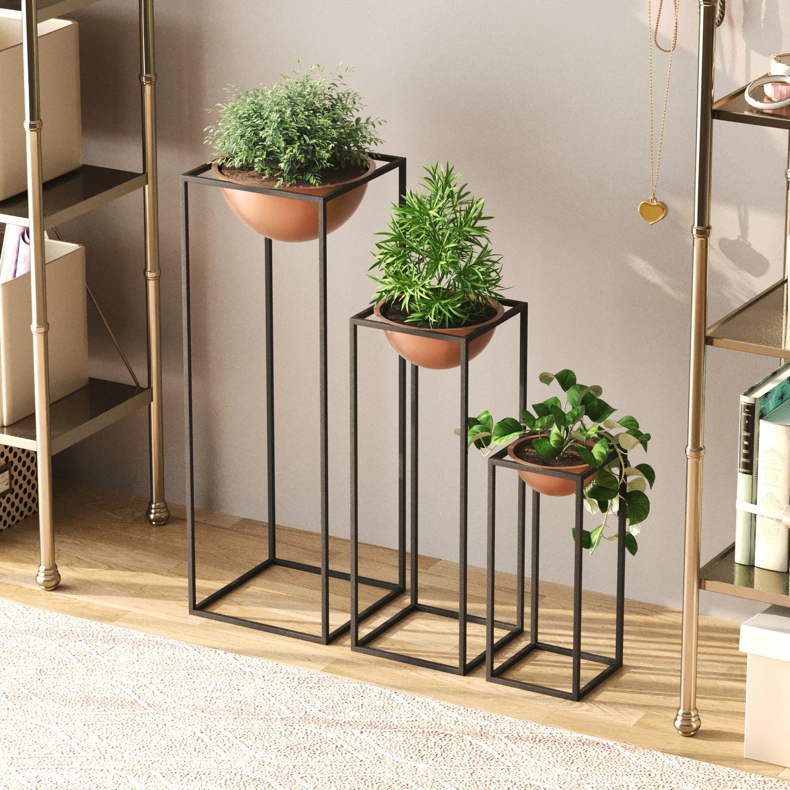 Vazo dekorative, ngjyrë e zezë dhe bakri, Evila Originals, GED-019-B, set prej 3 copësh