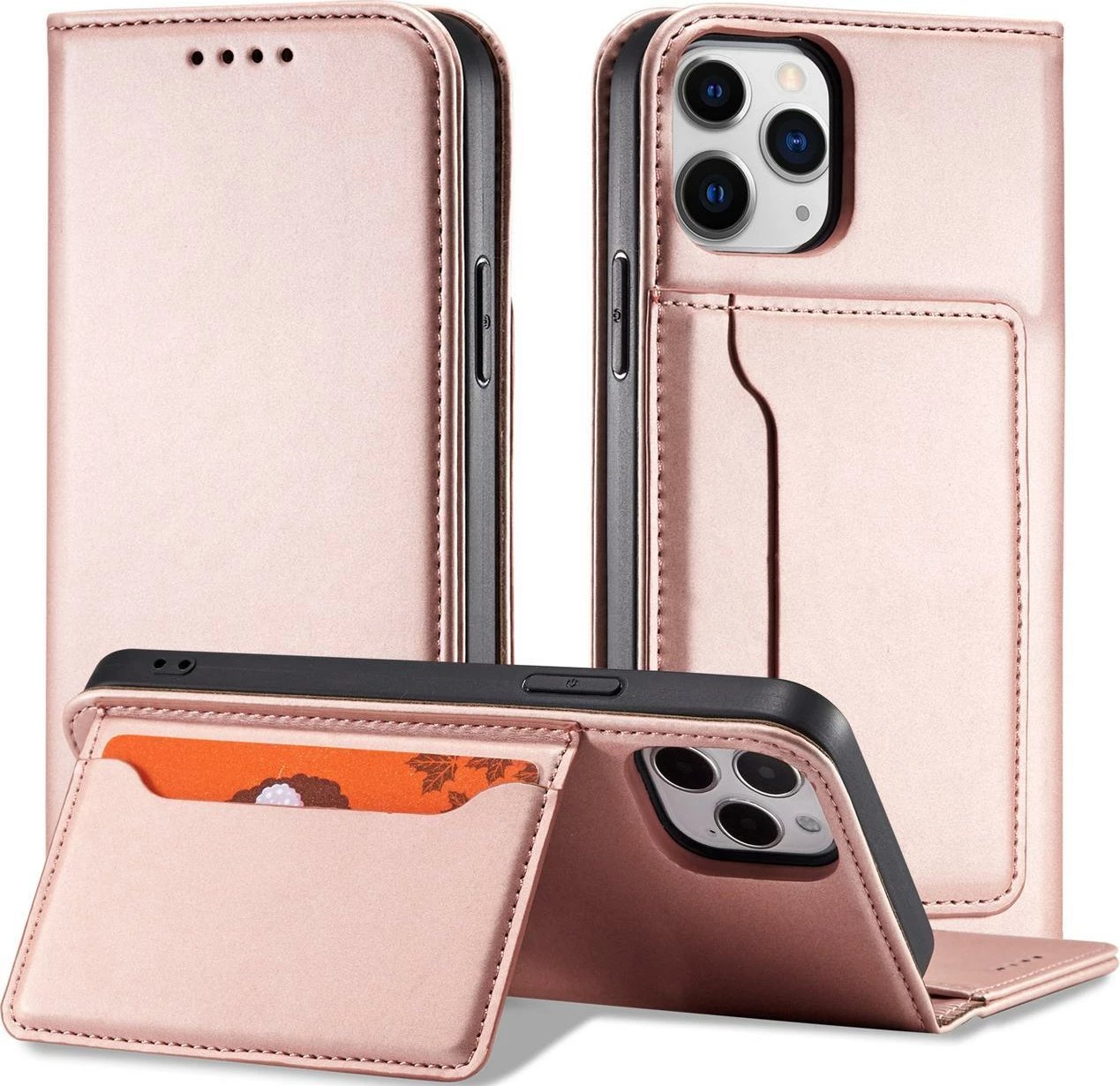 Mbështjellës Hurtel Magnet Card Case për iPhone 12 Pro, me portofol dhe qëndrim, Rozë