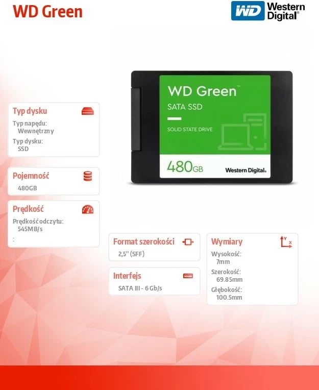 Kasë SSD Western Digital WD Green, 480GB, 2.5", SATA III, E zezë