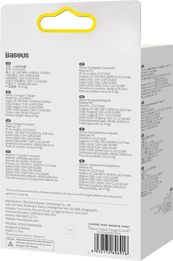 Karikues muri Baseus CCXJ010202, 2x USB-A, 10.5W, Bardhë