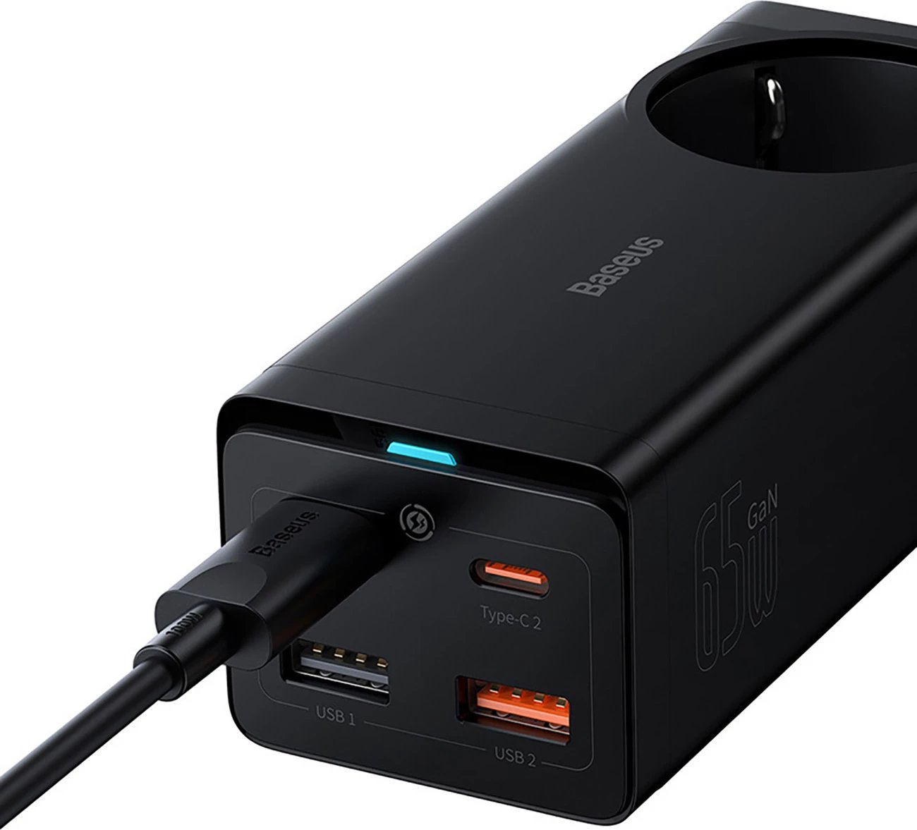 Stacion karikimi Baseus GaN3 Pro 65W EU me 2x USB-C, 2x USB-A dhe kabllo USB-C 100W 1m, Zi