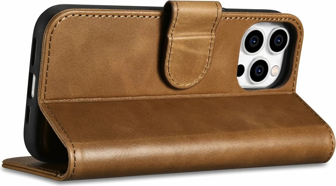 Mbështjellës iCarer Oil Wax Wallet Case 2in1 për iPhone 14 Pro, lëkurë natyrale, Anti-RFID, Kafe