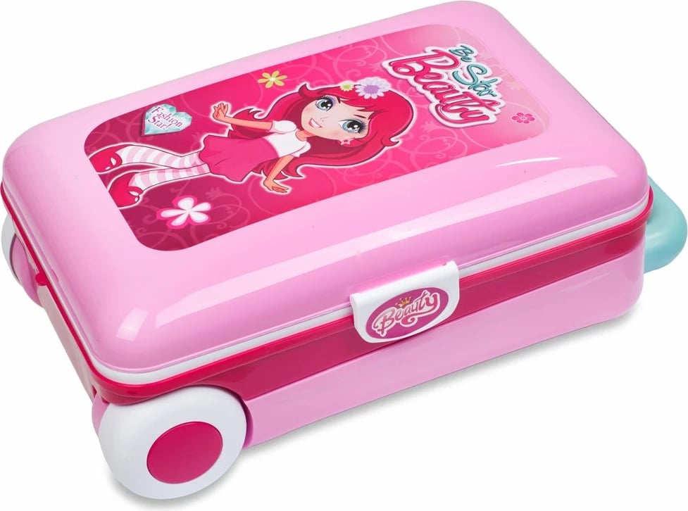 set tualeti fëmijësh 2-në-1 në valixhe, BABY MIX, me pasqyrë me dritë e tingull, aksesorë lojë, rozë