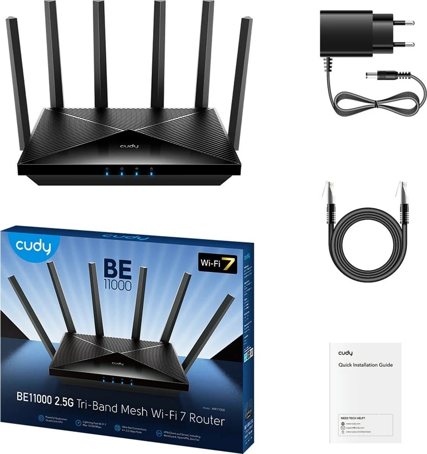 Kasë rrjeti Cudy WR11000, wireless, Tri-band, 2.5 Gigabit Ethernet, e zezë