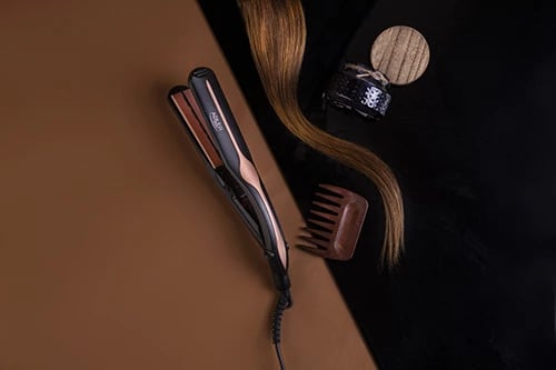 drejtues flokësh infrared, Adler AD 2318, pllaka qeramike 11x3 cm, rregullim temperature 150-230°C, 35W (max 120W), e zezë/rozë e artë