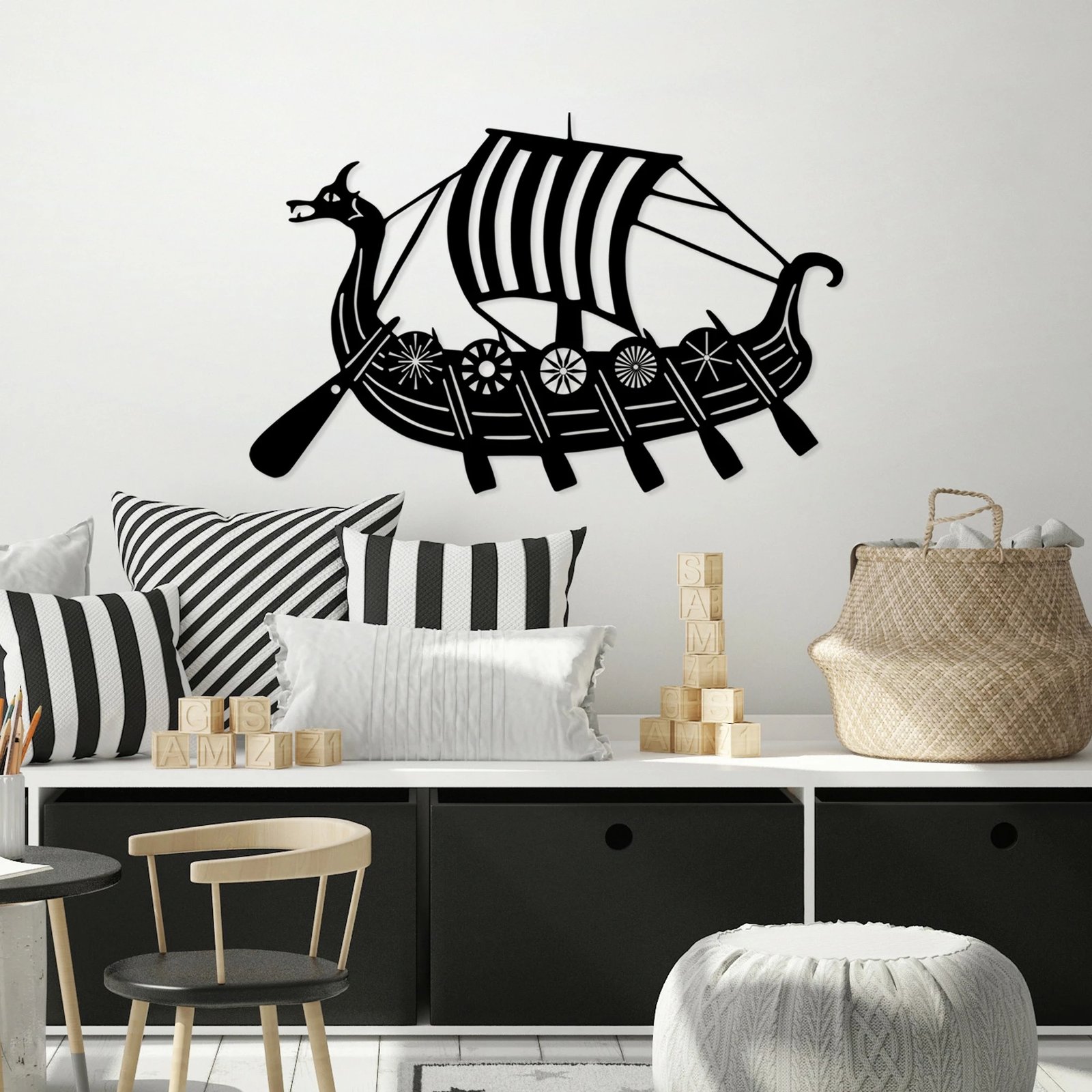 Aksesor dekorativ metalik për mur, Viking, ngjyrë e zezë, 45x70cm