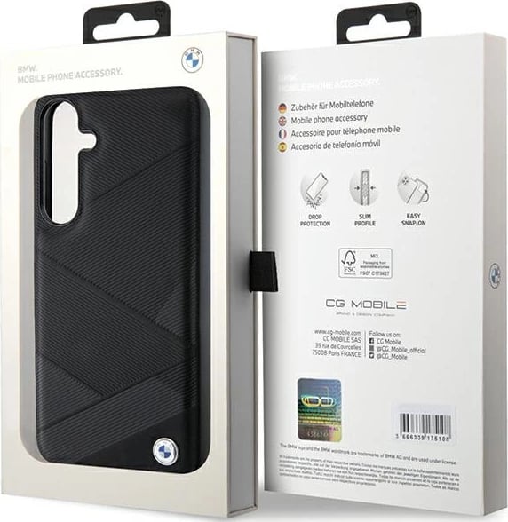 Mbështjellës BMW Signature Leather Crossing Lines Pattern për Samsung Galaxy S24, i zi