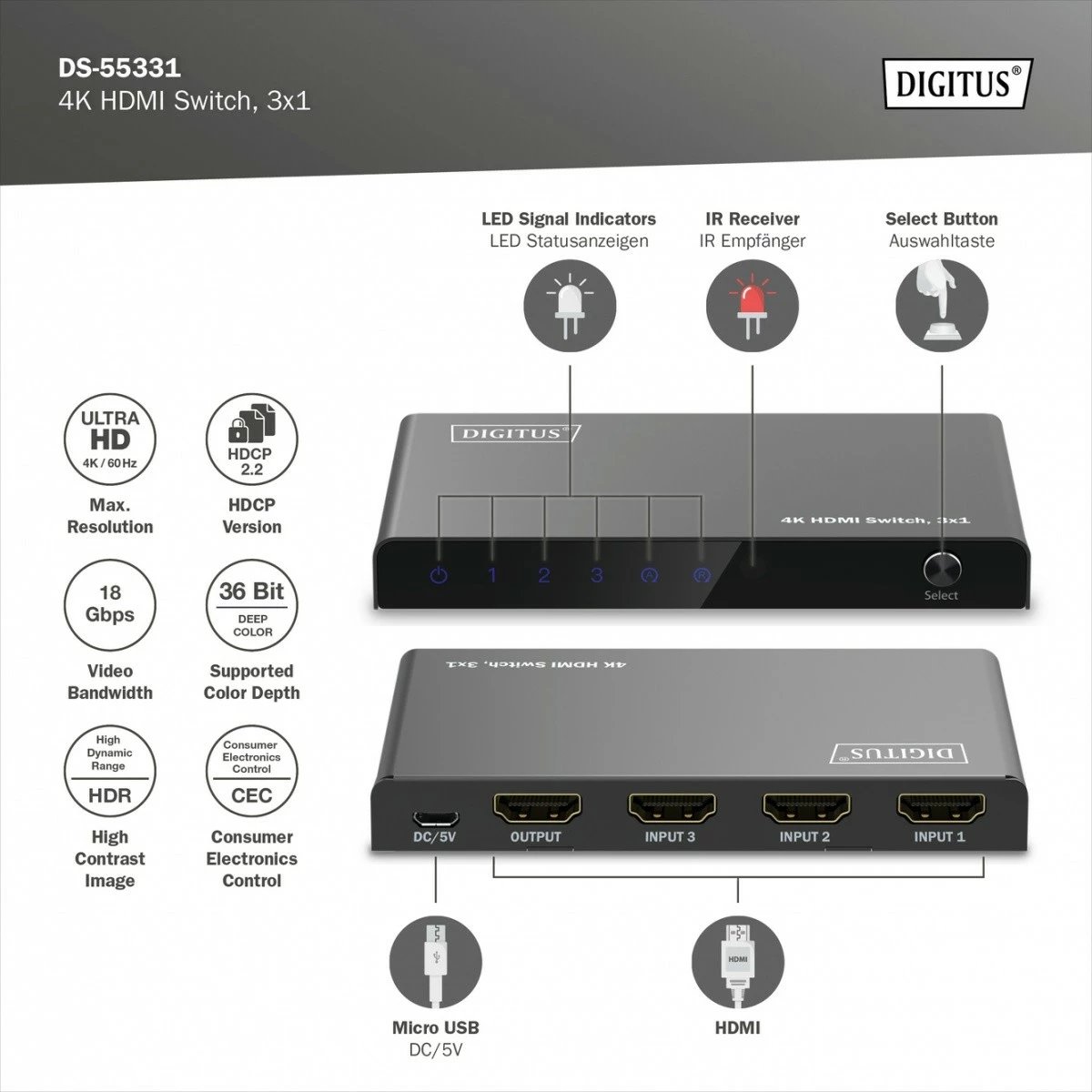 Switch HDMI Digitus DS-55331, 3 hyrje, 1 dalje, 4K/60Hz, me telekomandë, e zezë