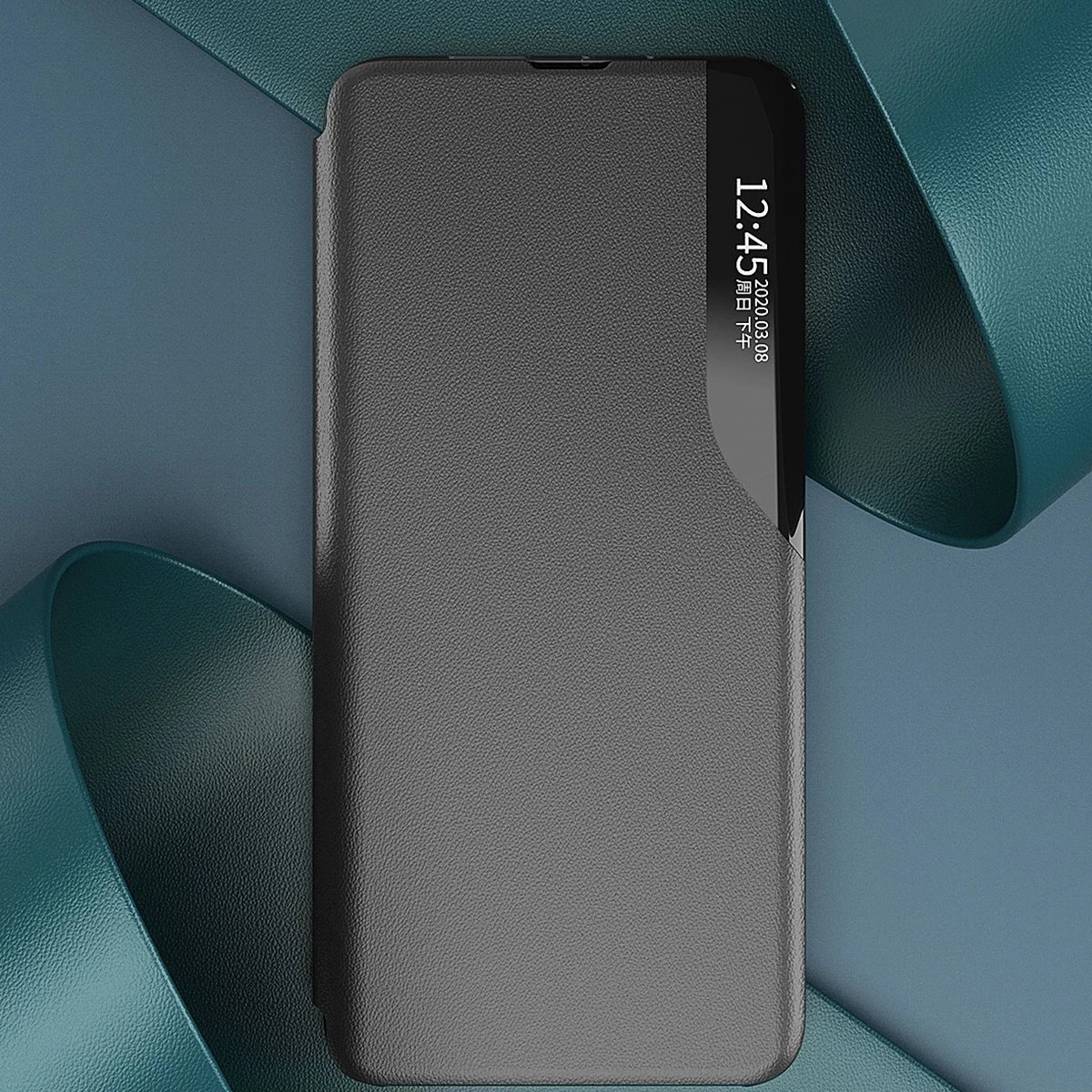 Mbështjellës Hurtel Eco Leather View Case për Samsung Galaxy A14, me kapak dhe qëndrim, i zi
