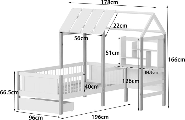 Krevat për fëmijë Bedria, stil Montessori, dru i bardhë-natyral, 190x90cm