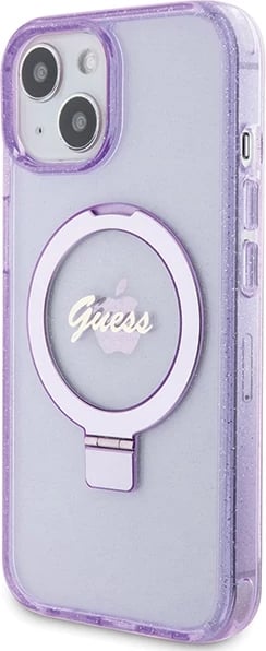 Mbështjellës Guess Ring Stand Script Glitter MagSafe për iPhone 15 Plus / 14 Plus, vjollcë
