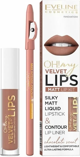 Set për buzë Eveline Cosmetics Oh! My Velvet Lips Liquid Matt Lip Kit për femra 14 Choco Truffle 4.5ml + 1 copë